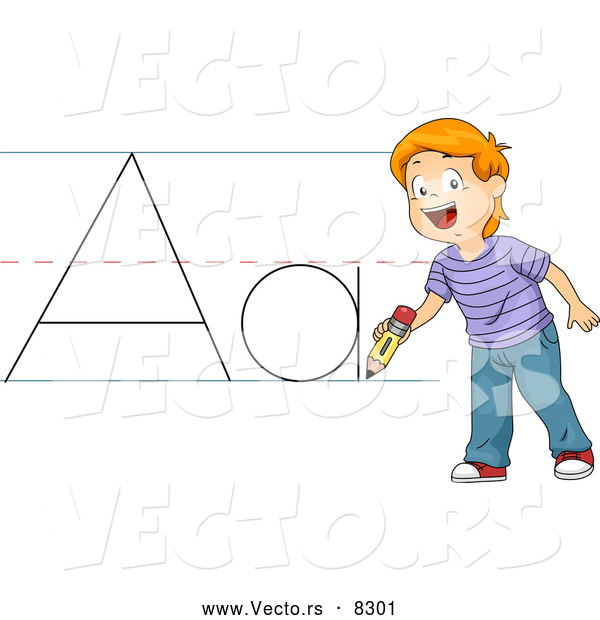 Vector of a Happy Cartoon School Boy Practicing the Letter 'Aa'