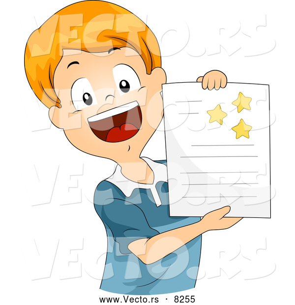 Vector of a Happy Cartoon School Boy Showing off Gold Stars on His Report