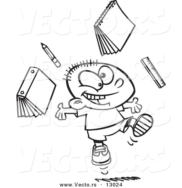 Vector of a Happy Cartoon School Boy Tossing School Supplies into the Air - Coloring Page Outline Version