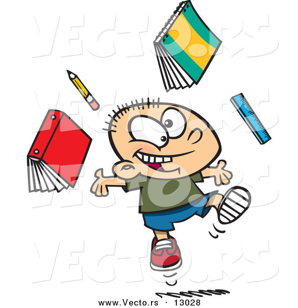 Vector of a Happy Cartoon School Boy Tossing Supplies into the Air