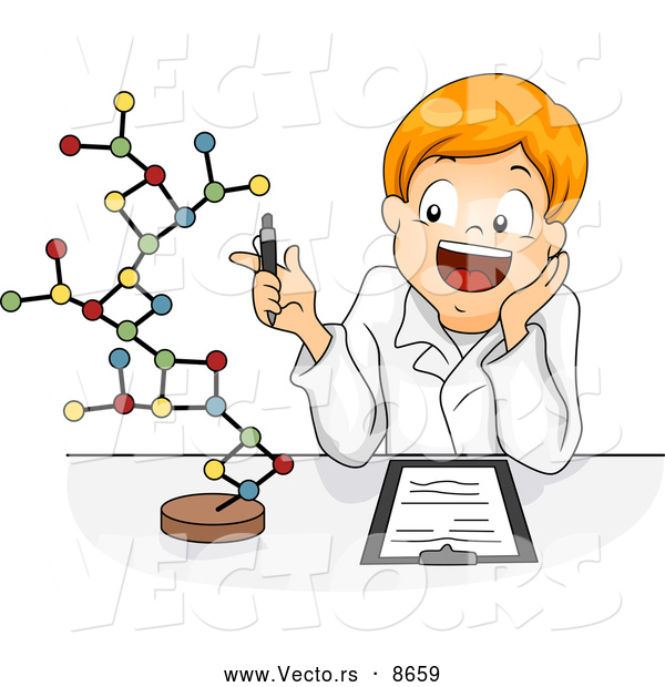 Vector of a Happy Cartoon School Boy Working on a Molecule Model