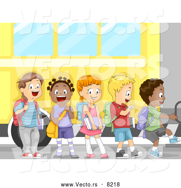 Vector of a Happy Cartoon School Children Boarding a Bus