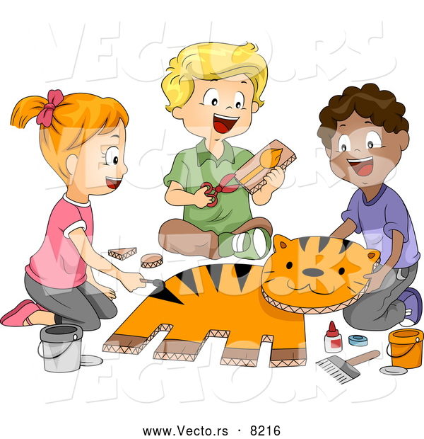 Vector of a Happy Cartoon School Children Putting Together a Tiger in Art Class