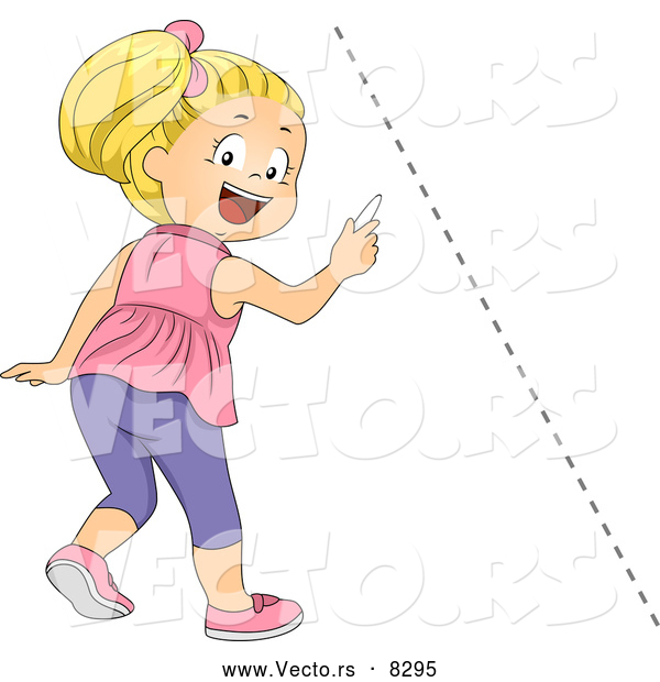 Vector of a Happy Cartoon School Girl Drawing a Diagonal Dotted Line