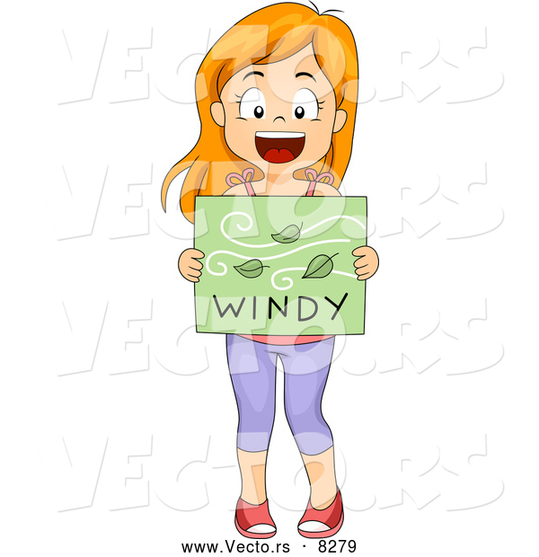 Vector of a Happy Cartoon School Girl Holding a 'Windy' Weather Poster