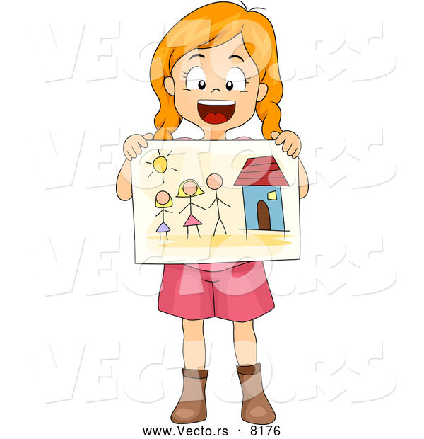Vector of a Happy Cartoon School Girl Sharing a Drawing of Her Family and Home