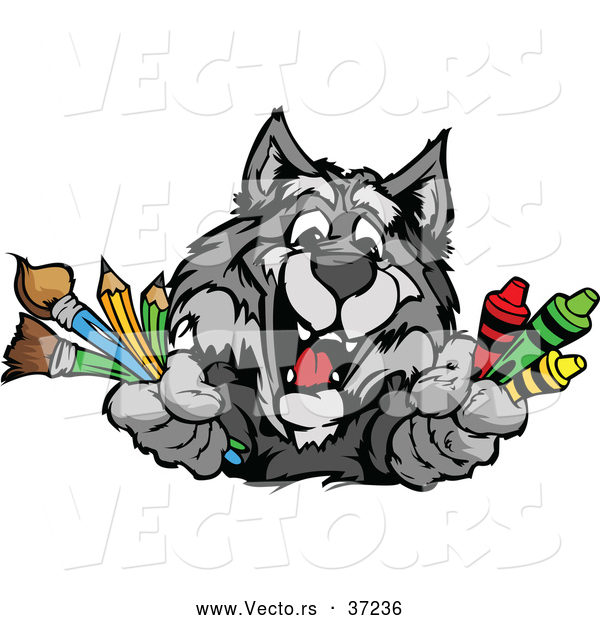 Vector of a Happy Cartoon School Gray Wolf Mascot Holding Art Supplies