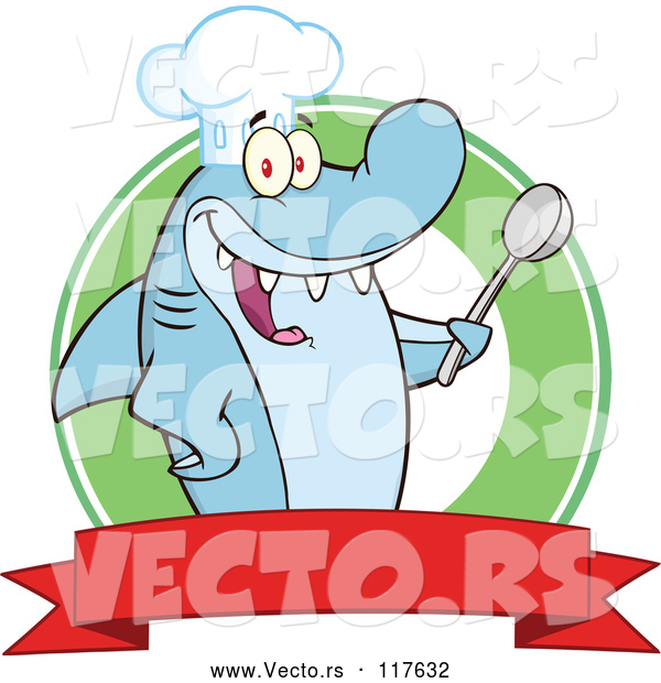 Vector of a Happy Cartoon Shark Chef Character Holding a Spoon over a Banner