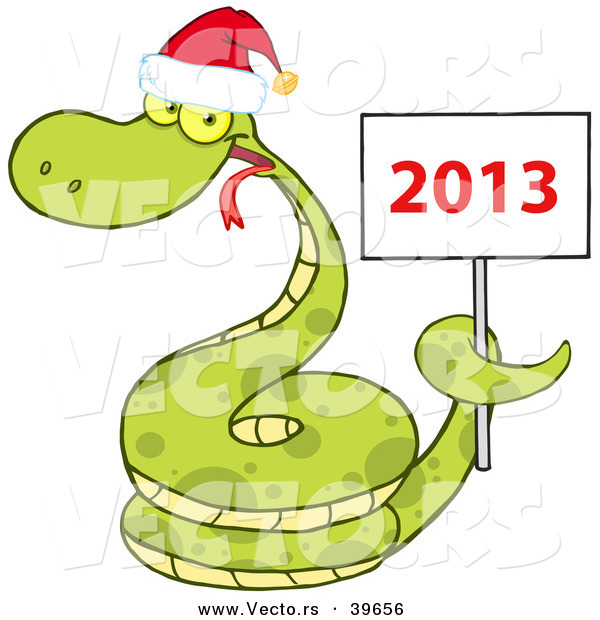 Vector of a Happy Cartoon Snake Wearing a Santa Hat While Coiled Around a 2013 Happy New Sign