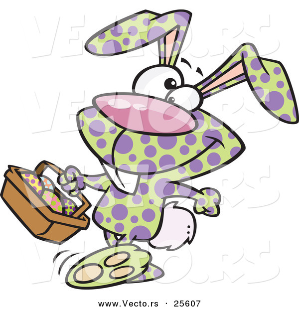 Vector of a Happy Cartoon Spotted Easter Bunny Carrying a Basket of Painted Eggs