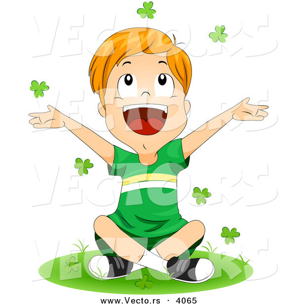 Vector of a Happy Cartoon St. Patrick's Day Boy Tossing Clovers into the Air