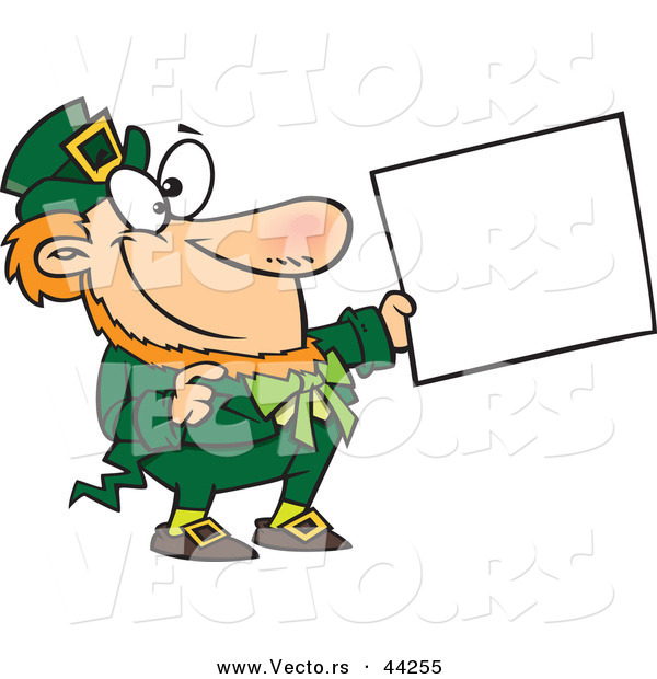 Vector of a Happy Cartoon St. Patricks Day Leprechaun Holding out a Sign