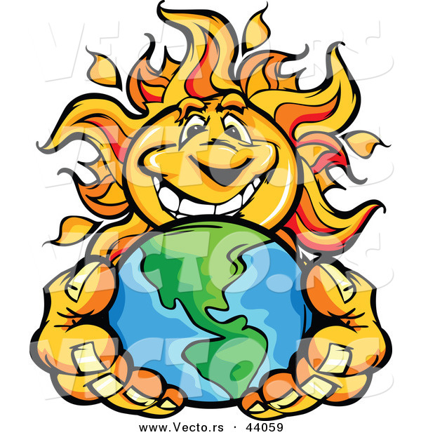 Vector of a Happy Cartoon Sun Mascot Holding Earth in His Hands