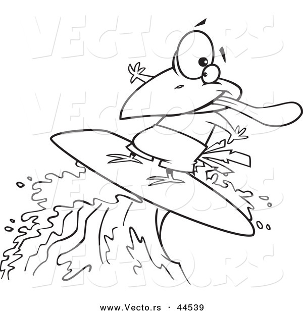 Vector of a Happy Cartoon Surfer Bird Riding a Wave - Coloring Page Outline