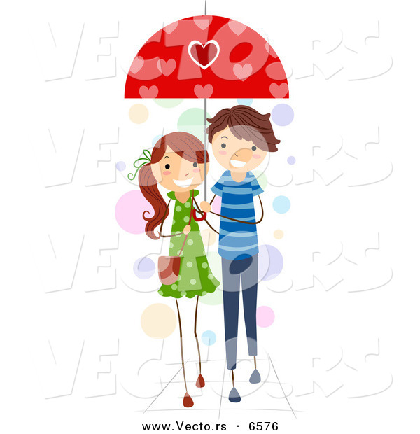 Vector of a Happy Cartoon Valentine Boy and Girl Sharing an Umbrella