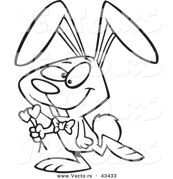 Vector of a Happy Cartoon Valentine Bunny Rabbit Carrying Hearts - Coloring Page Outline