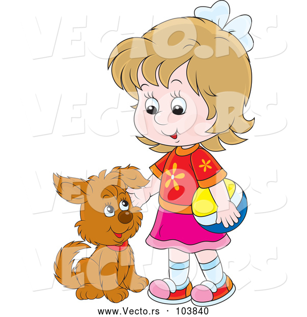 Vector of a Happy Cartoon White Girl Petting a Puppy Dog