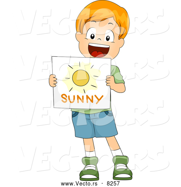 Vector of a Happy Cartoon White School Boy Holding a 'Sunny' Weather Flash Card