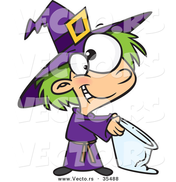 Vector of a Happy Cartoon Witch Girl Trick-or-Treating on Halloween