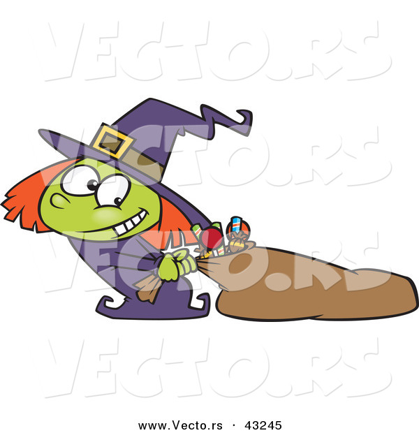 Vector of a Happy Cartoon Witch with a Heavy Sack of Halloween Candy