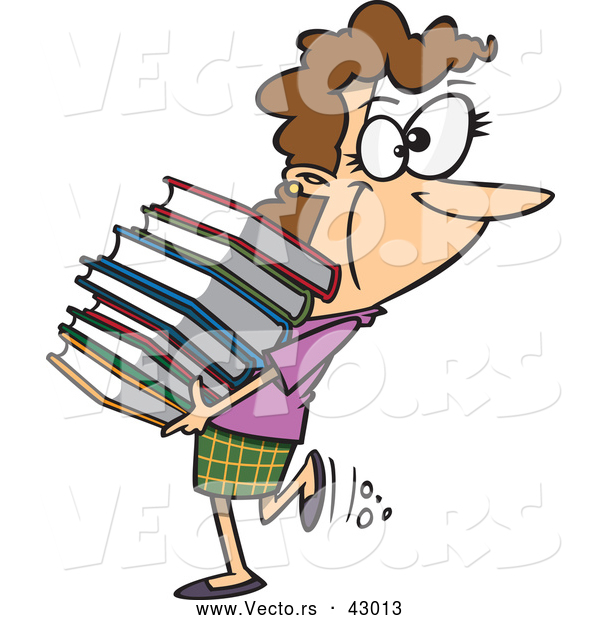 Vector of a Happy Cartoon Woman Carrying Stack of Library Books