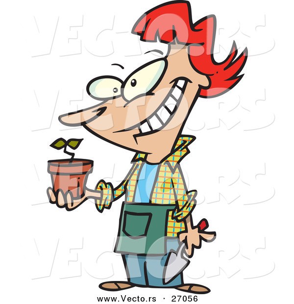 Vector of a Happy Cartoon Woman Displaying Her Sprouting Plant in a Pot