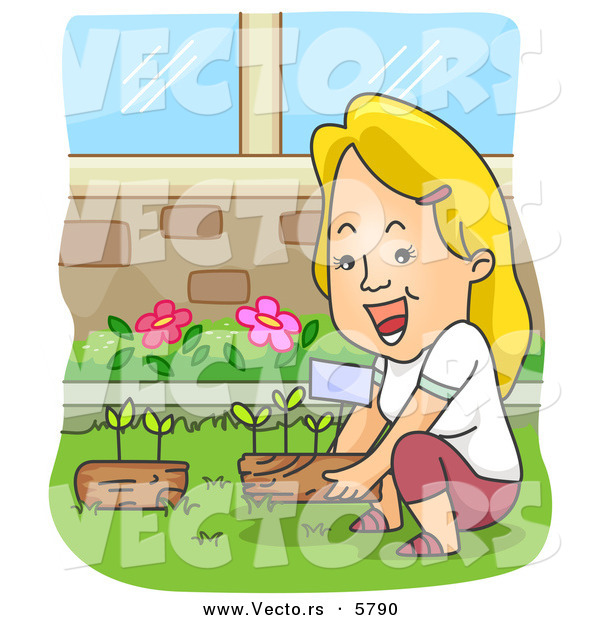 Vector of a Happy Cartoon Woman Gardening at Her Home