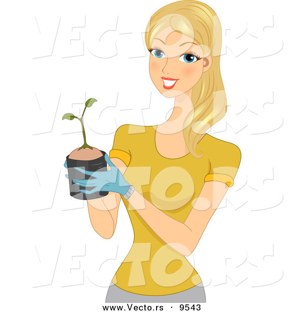 Vector of a Happy Cartoon Woman Holding a Small Plant Sprouting from a Pot
