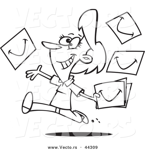 Vector of a Happy Cartoon Woman Running and Tossing Smiles - Coloring Page Outline