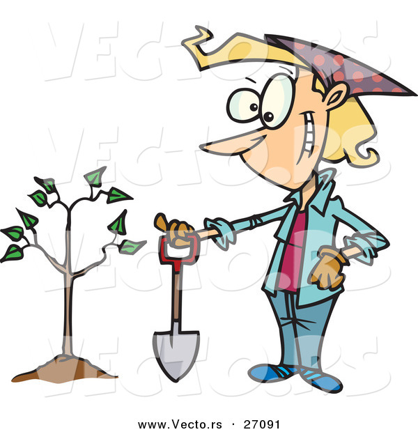 Vector of a Happy Cartoon Woman Standing Beside Her New Tree with a Shovel