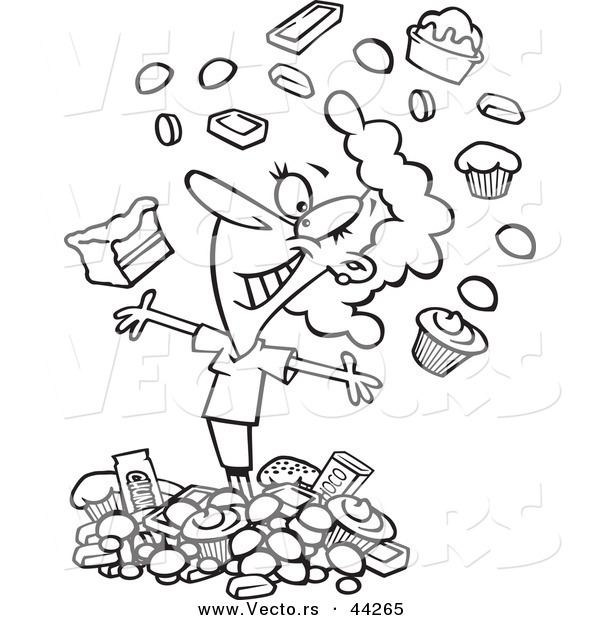 Vector of a Happy Cartoon Woman Surrounded with Chocolate - Coloring Page Outline