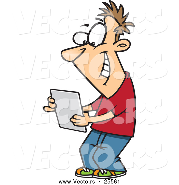 Vector of a Happy Cartoon Young Man Reading a Message on a Computer Tablet