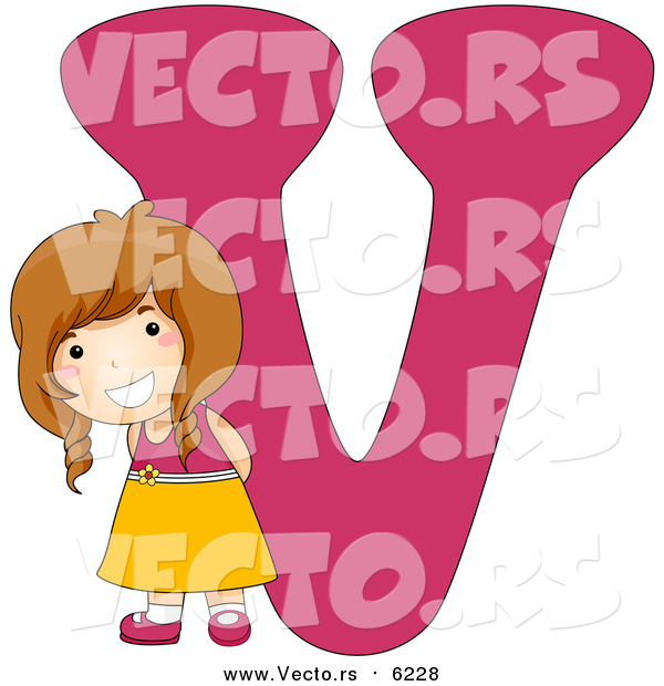 Vector of a Happy Caucasian Girl with a Big Letter V