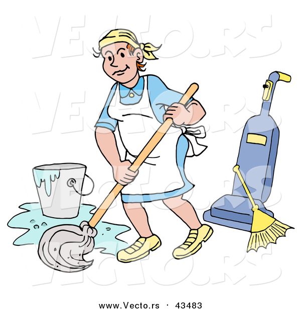 Vector of a Happy Caucasian Housewife, Maid, House Keeper, Custodian or Janitor Woman Mopping a Floor near a Broom and Vacuum