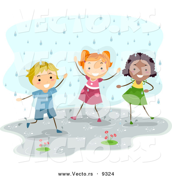 Vector of a Happy Diverse Kids Playing in the Rain