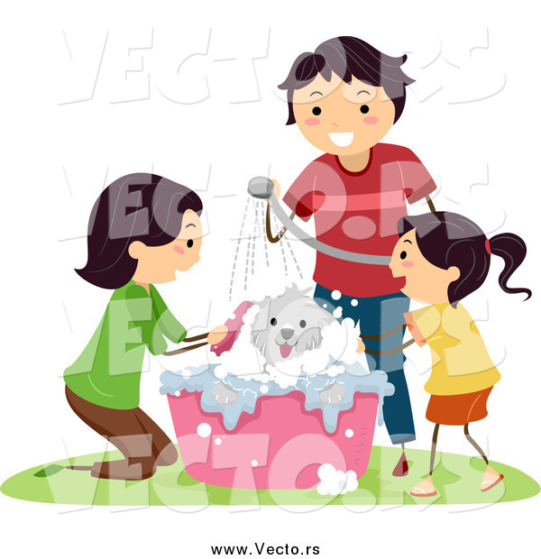 Vector of a Happy Family Giving Their Dog a Bath