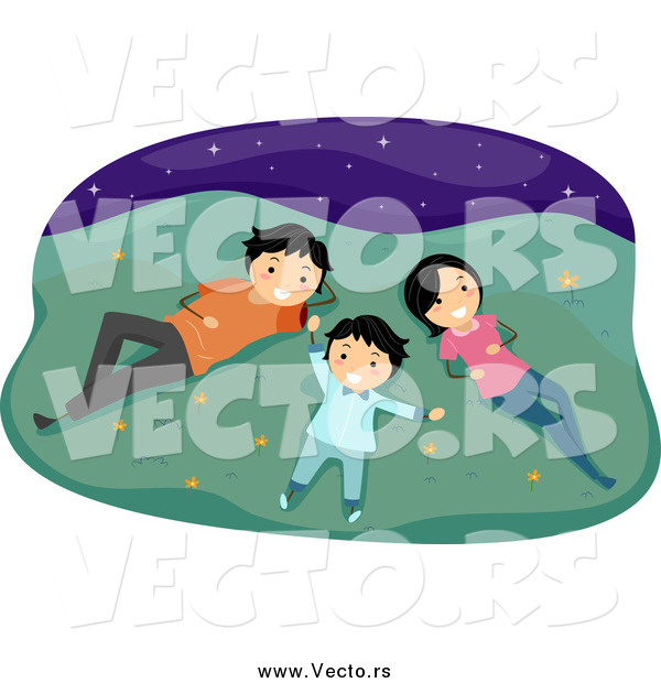 Vector of a Happy Family Laying in Grass and Gazing at Stars at Night
