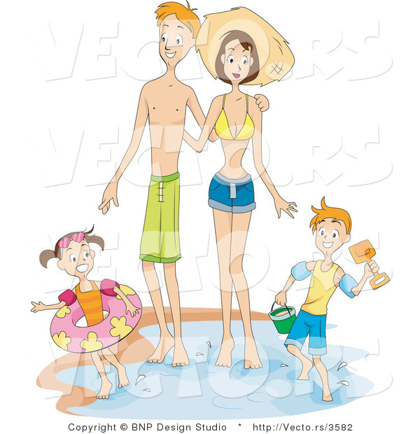 Vector of a Happy Family Playing near the Ocean Water Edge on a Beach