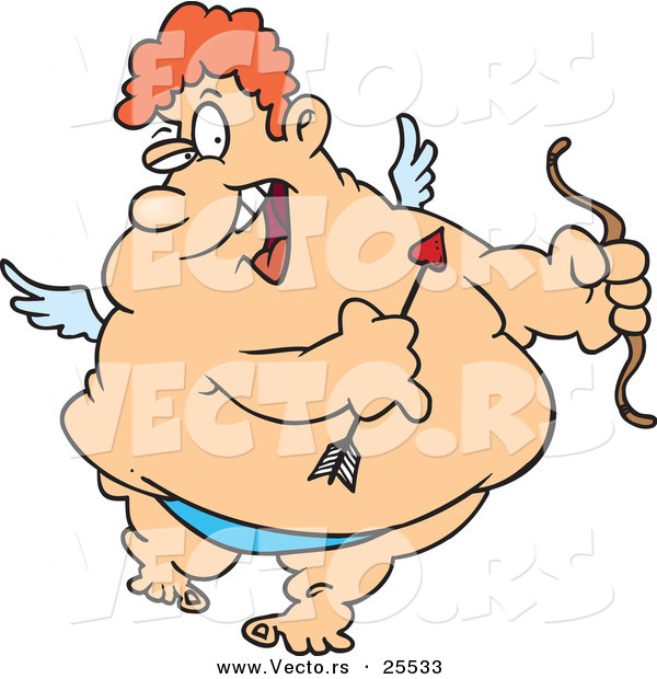 Vector of a Happy Fat Cartoon Cupid Man Smiling While Flying with a Bow and Arrow