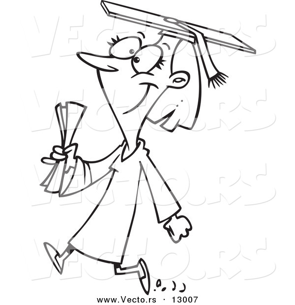 Vector of a Happy Female Cartoon College Graduate Walking - Coloring Page Outline Version