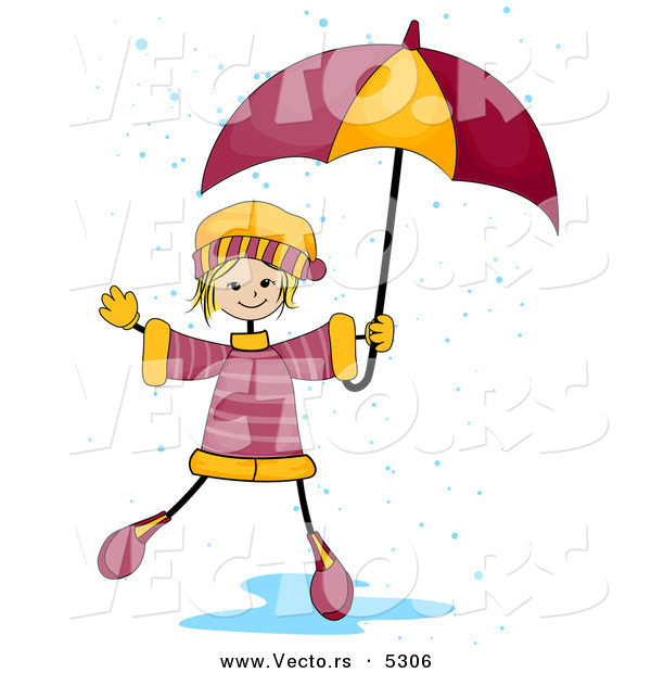 Vector of a Happy Girl Playing in a Rain Puddle While Holding an Umbrella