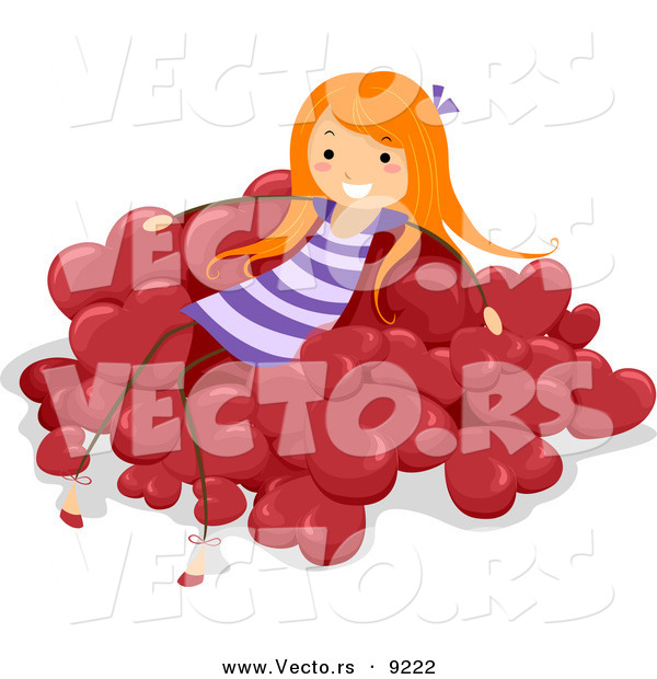 Vector of a Happy Girl Sitting on a Pile of Red Love Hearts