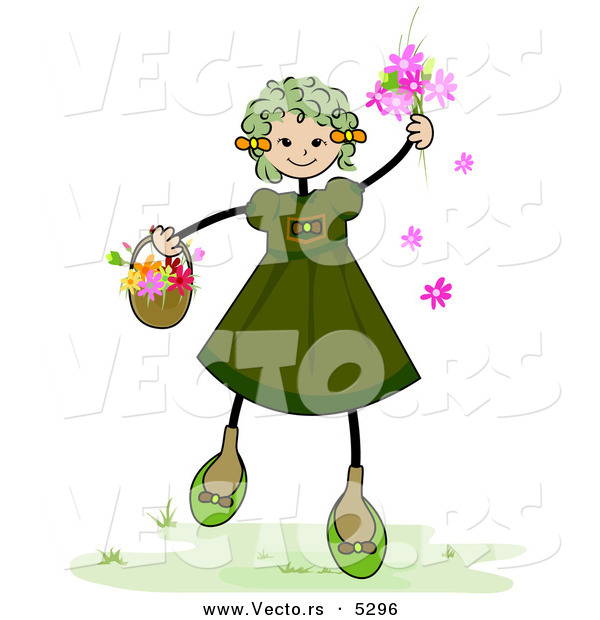 Vector of a Happy Girl with Spring Flowers