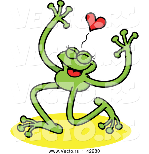 Vector of a Happy Green Cartoon Frog Smiling Under a Red Love Heart