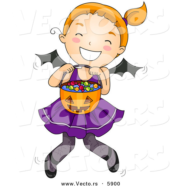 Vector of a Happy Halloween Cartoon Bat Girl Holding a Pumpkin Bucket Full of Candy