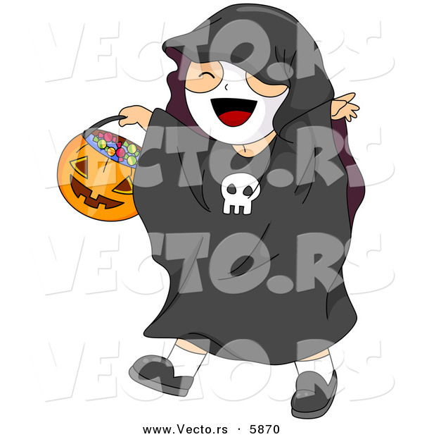 Vector of a Happy Halloween Cartoon Boy Wearing a Skeleton Costume While Carrying a Pumpkin Candy Basket