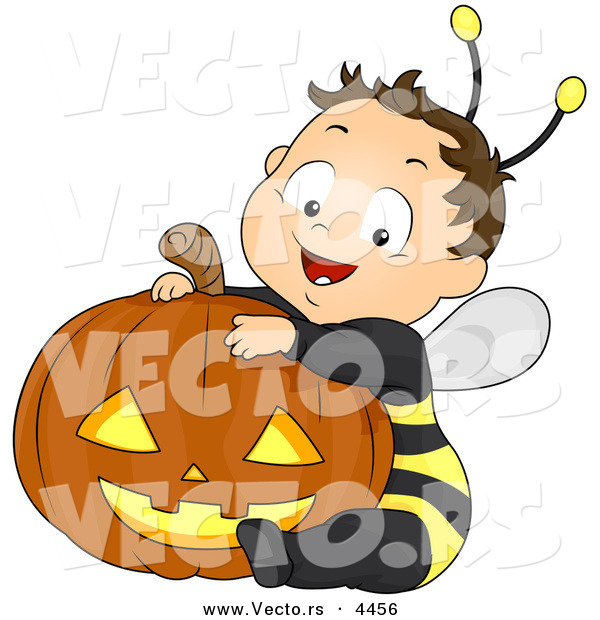 Vector of a Happy Halloween Cartoon Boy Wearing Bee Costume While Sitting Besid a Carved Pumpkin