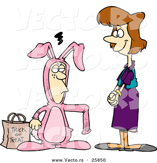 Vector of a Happy Halloween Cartoon Mother Admiring Her Angry Son Wearing a Rabbit Costume