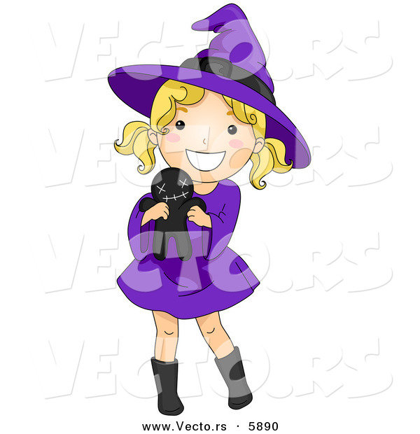 Vector of a Happy Halloween Cartoon Witch Girl Holding a Voodoo Doll