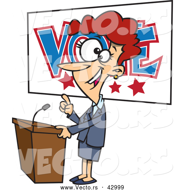 Vector of a Happy Happy Cartoon Female Politician Giving a Vote Themed Speech Before an Election